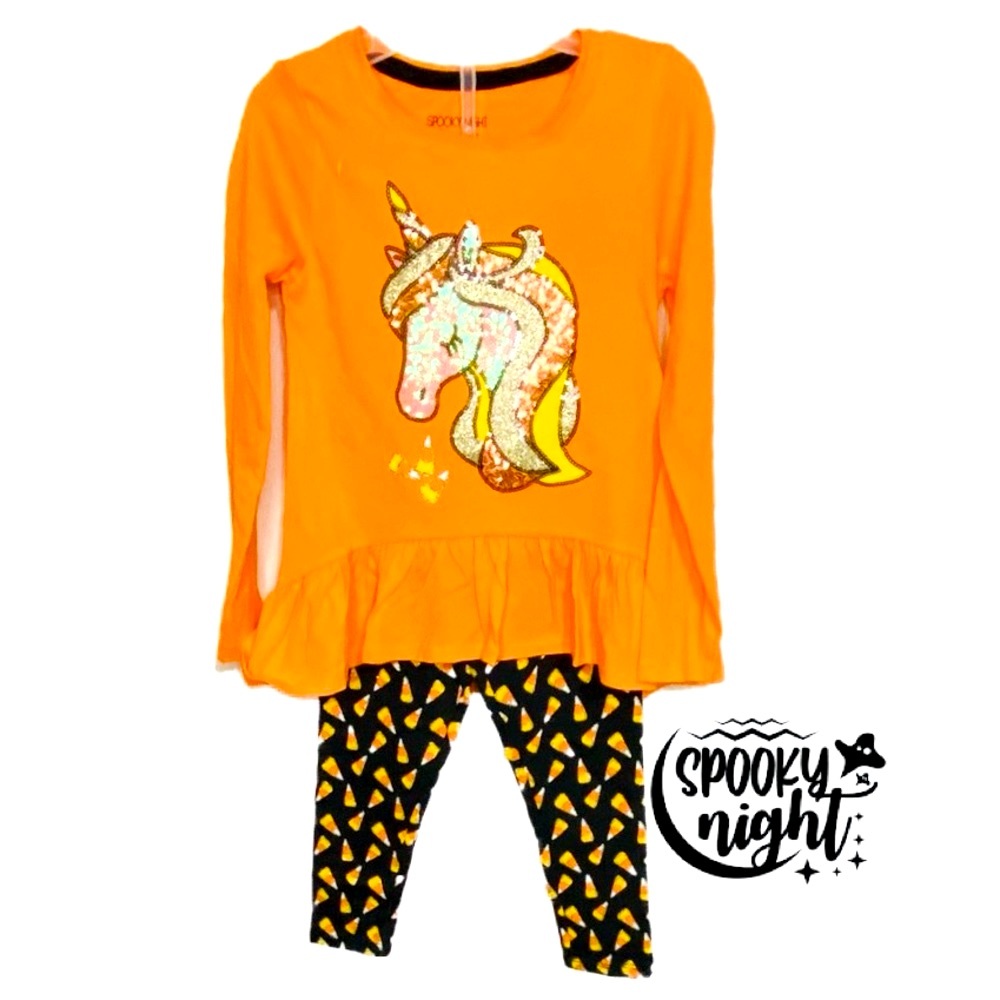 SPOOKY NIGHT Halloween Unicorn Candy Corn Legging Matching Set Girl’s Size XS(4)